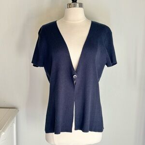 New York & Company Navy Blue Ribbed Short Sleeve Single Button Front Cardigan XL